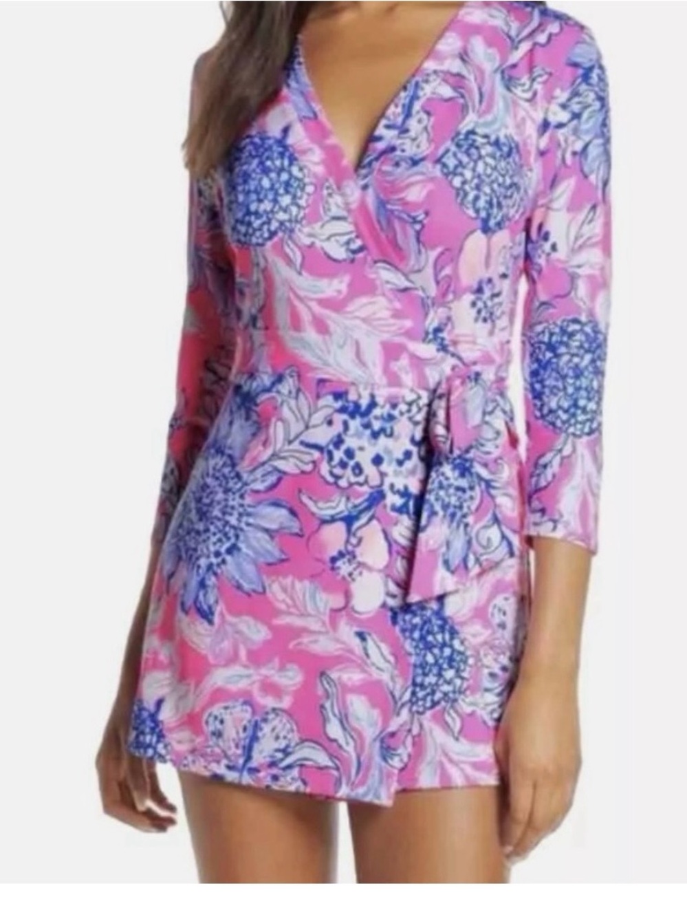 Lilly Pulitzer Karlie Wrap Romper Pink and Blue Floral with Tie Waist Excellent